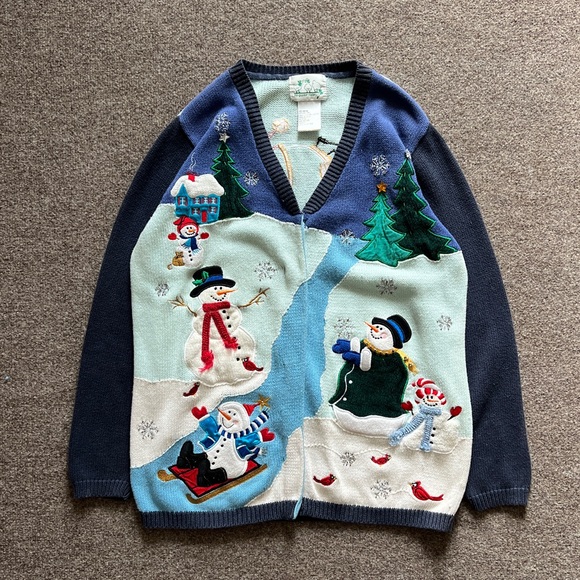 Vintage Quacker Factory Ugly Christmas Holiday Cardigan Sweater Womens M Snowmen - Picture 1 of 16